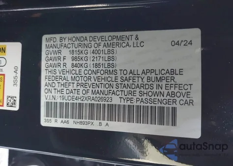 2024 Acura Integra from USA, damaged, VIN 19UDE4H2XRA026923